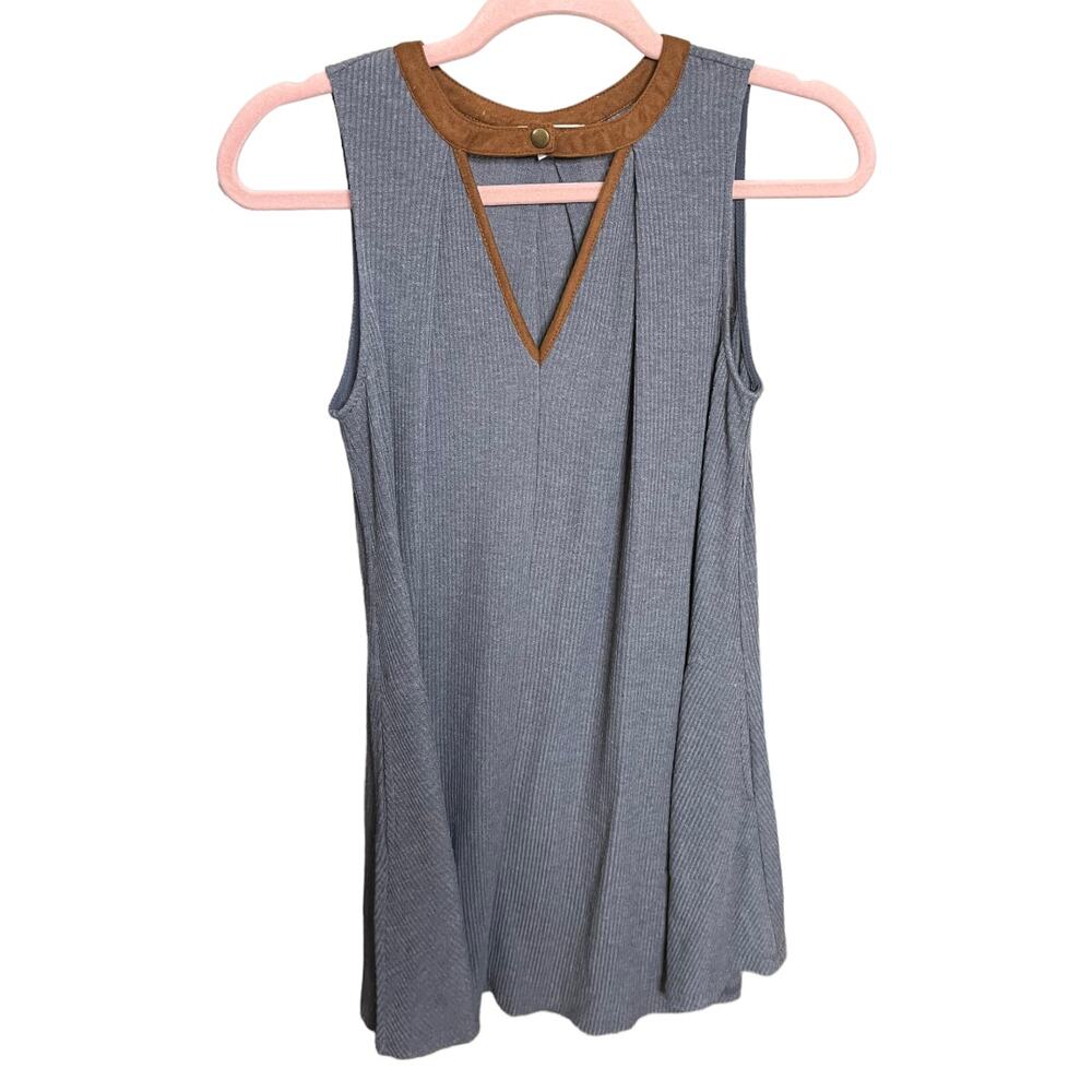 THML gray suede brown ribbed knit sleeveless v-neck a line shirt dress XS
